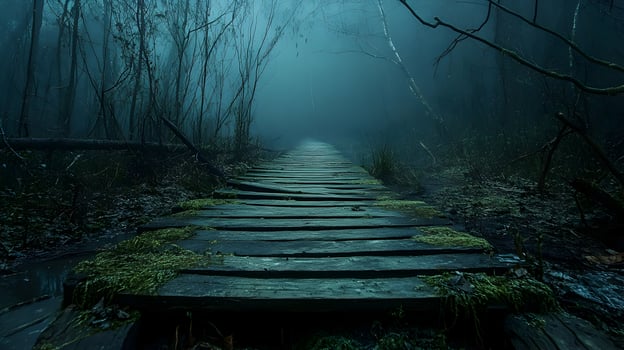 Misty Woodland Trail Perspective, Journey into the Unknown Through a Spooky Forest photo