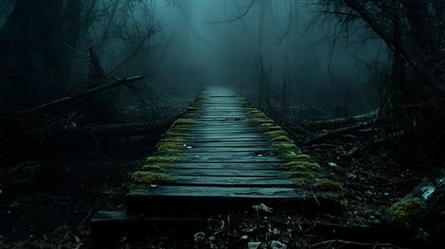 Eerie passage through a haunted marsh landscape, a chilling trek across old wooden planks photo