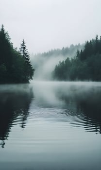 Ethereal lake landscape with mystical fog, creating serene ripples on calm water surface photo
