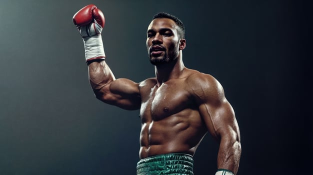 Handsome african american boxer posing over dark background. Strong muscular fighter with gloves training for sport. Shirtless athletic man with abs and fit body. Healthy workout exercise. photo