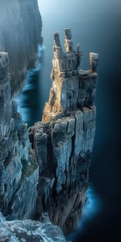 A rocky cliff with a lighthouse on top photo
