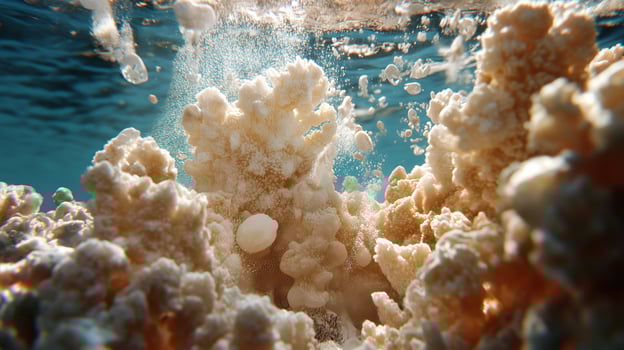 A coral reef is shown underwater with bubbles photo