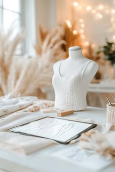 In a modern loft filled with soft lighting, a fashion designer sketches clothing designs on a tablet. Surrounding fabric swatches and mannequins enhance the creative atmosphere, promoting innovation photo