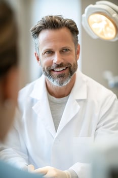 A dentist wearing a white coat is smiling as he carefully checks a patient's teeth using a dental mirror in a bright, welcoming clinic. The background features dental tools and equipment photo