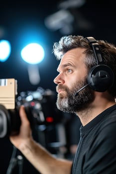 Director with headset holds a clapperboard, directing crew members on a busy film set. Bright studio lights illuminate the background, creating a cinematic atmosphere perfect for filmmaking photo