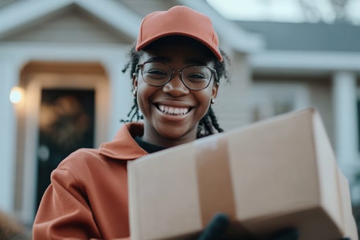 A delivery person in a bright uniform cheerfully hands a package to a satisfied customer at their doorstep. The suburban home backdrop creates a welcoming atmosphere photo