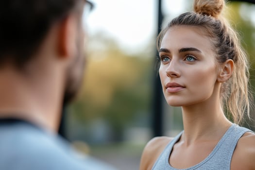 Fit personal trainer in activewear guides a client through exercise routines in an outdoor fitness park, encouraging them with energy and support, surrounded by workout equipment and natural light photo