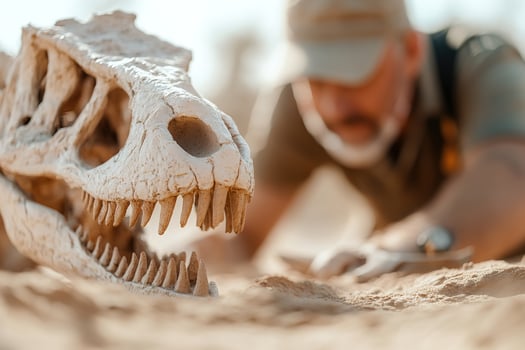 A paleontologist examines a large dinosaur skull partially buried in desert sand, surrounded by tools and an active dig site, capturing a moment of discovery photo