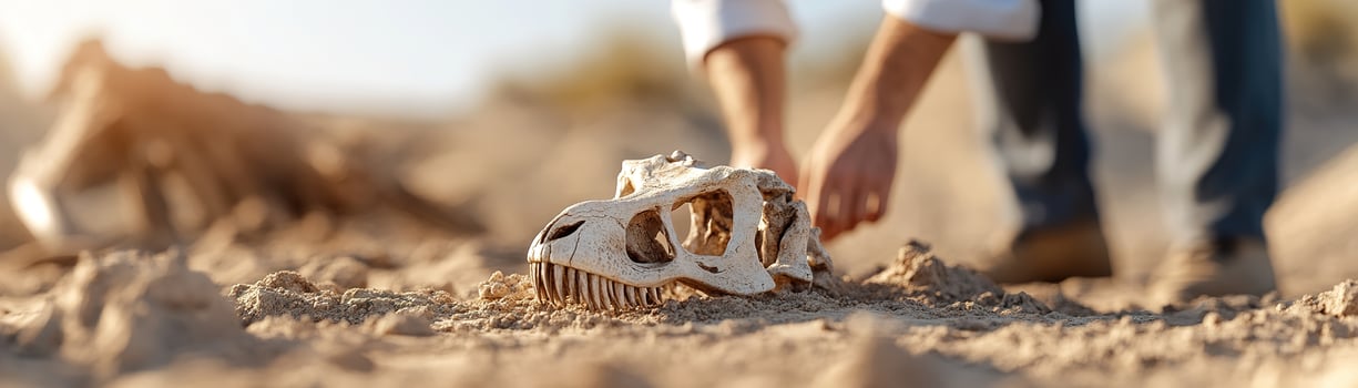 In a sunlit desert, a paleontologist examines a large dinosaur skull partially buried in the sand while surrounded by excavation tools and fossils, revealing a historic dig site photo