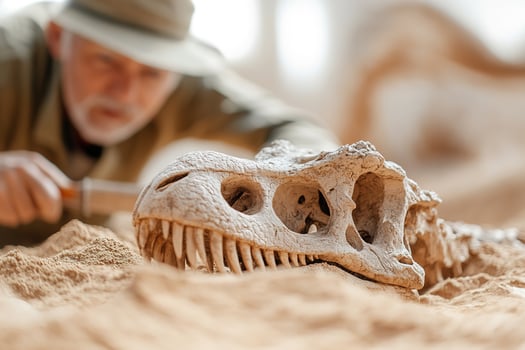 In a desert setting, a paleontologist carefully examines a large dinosaur skull, partially buried in sand, amidst excavation tools, highlighting the importance of prehistoric research photo