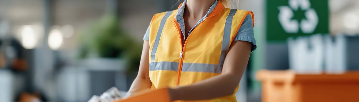 A recycling worker wearing a safety vest is actively sorting different materials into labeled bins at a recycling center photo