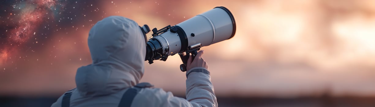 Beneath a dark starry sky, a professional astronomer carefully adjusts a large telescope, seeking out distant nebulae and constellations. The cosmic ambiance invites exploration photo
