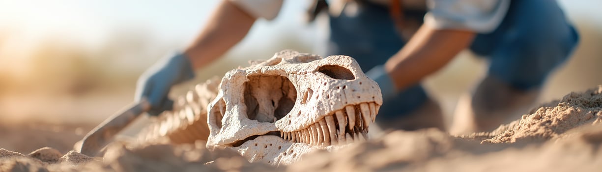 In a desert environment, a paleontologist kneels to closely examine a large dinosaur skull that is partially buried in the sand, with excavation tools visible nearby photo