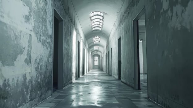 Long, deserted corridor in an abandoned building with peeling walls and arched windows casting shadows in the dim light photo