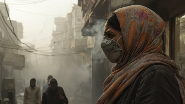 Woman in a colorful scarf and mask stands on a busy street amidst smog and haze, emphasizing urban air pollution and public health concerns photo