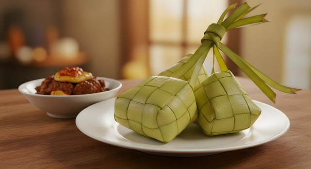 Ketupat on Dining Table with Eid Dishes, Realistic Traditional Food photo
