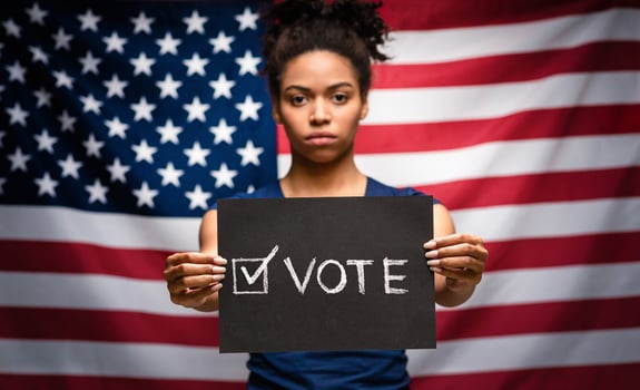 Black girl holding placard with text I can't breathe, usa flag background photo