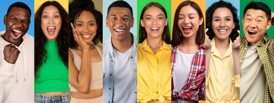 A vibrant collage features a diverse group of happy individuals expressing joy and enthusiasm. Their smiles and cheerful expressions create an uplifting atmosphere of fun and positivity. photo