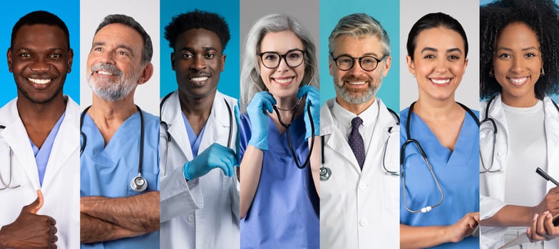 A group of happy, diverse healthcare professionals shows their enthusiasm for their work. Their expressions radiate positivity and dedication to improving lives in a fun and engaging way. photo