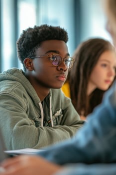 Focused teens collaborating in an online study session for academic success photo