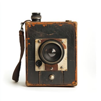 An old vintage camera with a worn exterior and a prominent lens. photo