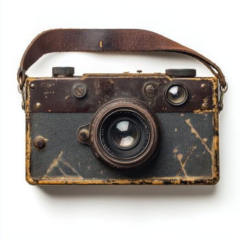 An old, worn-out camera showcasing vintage design and photography history. photo