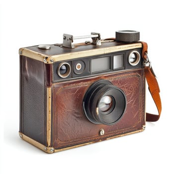 A vintage camera with a leather exterior and metal accents, designed for photography. photo