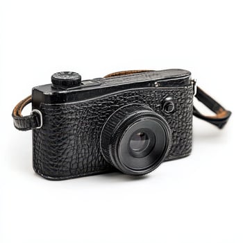 A vintage black camera with a textured finish, designed for capturing photographs. photo
