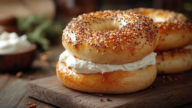 A close-up of a bagel with cream cheese on it. photo