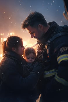 Emotional reunion of a firefighter family captured during an intense rescue operation by the flames under a snowy sky photo