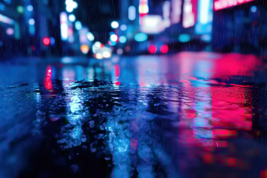 Neon reflections create a vibrant atmosphere on rainy Tokyo streets at night photo