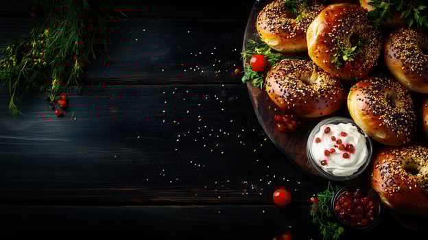 A generous plate of fresh bagels topped with cream cheese and sprinkled with herbs ready for a breakfast or brunch delight photo