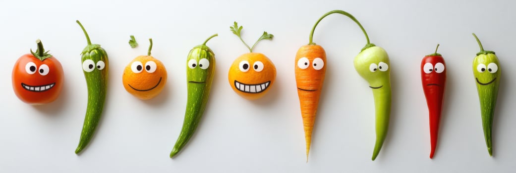 Comical fruit and veggie faces showcase amusing expressions in a minimalist arrangement photo