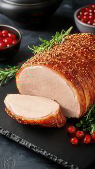 Succulent sliced turkey on a rustic slate board with herb garnish for an inviting and delicious feast photo