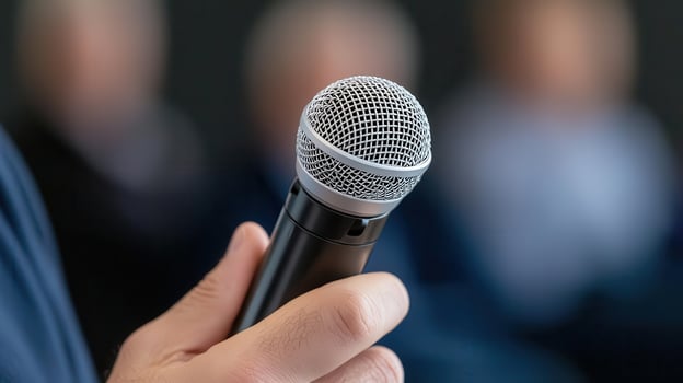 A person holding a microphone in front of a group of people photo