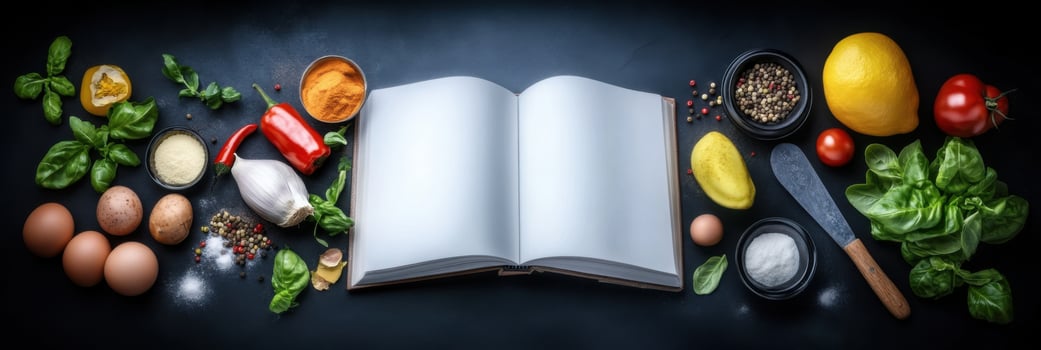 Culinary creativity unfolds in a flat-lay arrangement of cookbooks and fresh ingredients photo
