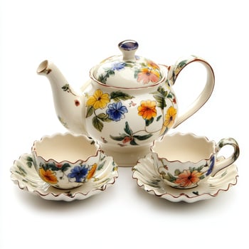 A floral-patterned tea set featuring a teapot and two cups with saucers photo