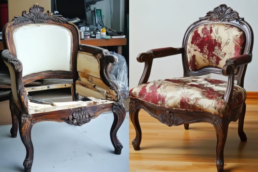 Furniture transformation showcases broken chair restoration and stylish upgrade photo