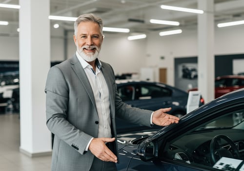 A distinguished gentleman showcases a sleek car in a modern showroom with a smile. photo