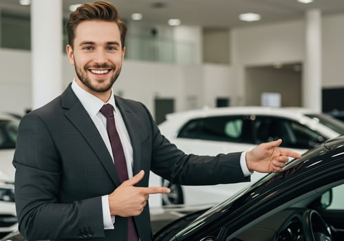 A smiling car salesman presents a new vehicle in a modern dealership showroom. photo