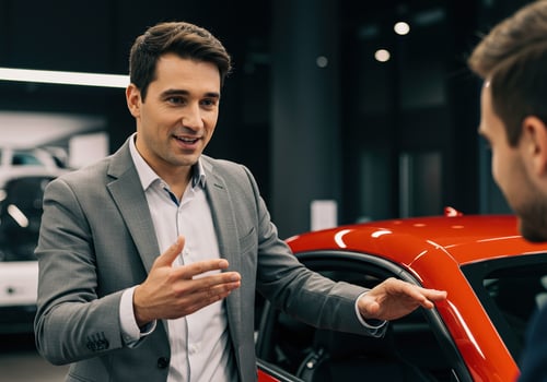A friendly car salesman describes the sleek features of a shiny red car to a client. photo
