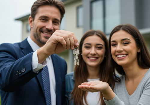 A real estate agent hands over the keys to two happy young women in front of a new home. photo