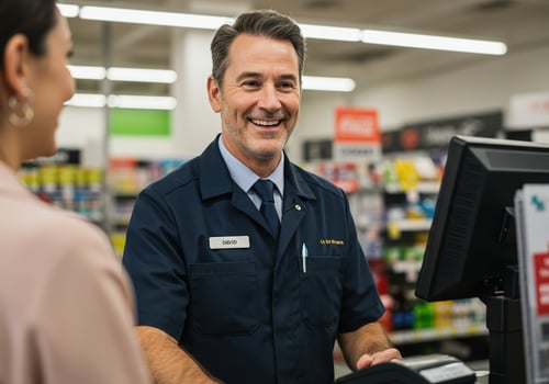 A cheerful store clerk assists a customer with a smile at the checkout, ensuring great service. photo