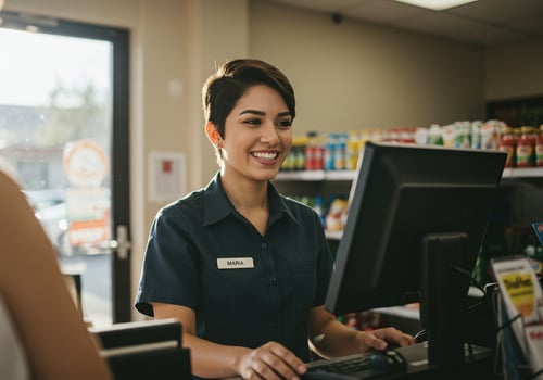 A cheerful cashier smiles while assisting a customer at the convenience store checkout. photo