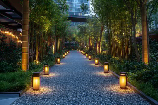 Tranquil Evening Garden Pathway with Illuminated Lanterns for Urban Escape photo