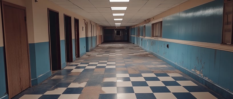 Abandoned school hallway, blue walls, checkered floor, film background photo