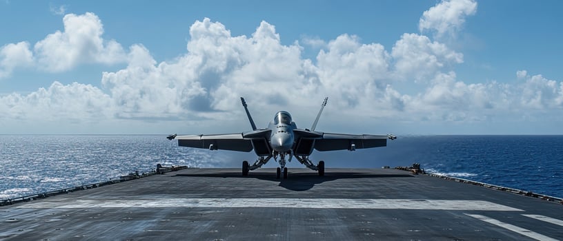 Fighter jet on aircraft carrier deck, ocean backdrop photo