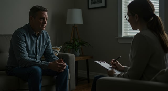 During a therapy session, a man talks with a therapist in a dimly lit and comfortable office. photo