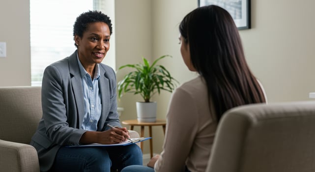 A compassionate therapist provides mental health support to a patient during a therapy session. photo