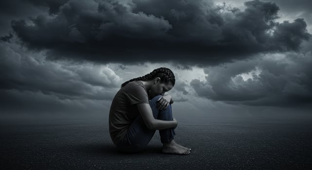 Under ominous clouds, a young woman embodies sadness, reflecting the weight of mental health challenges. photo